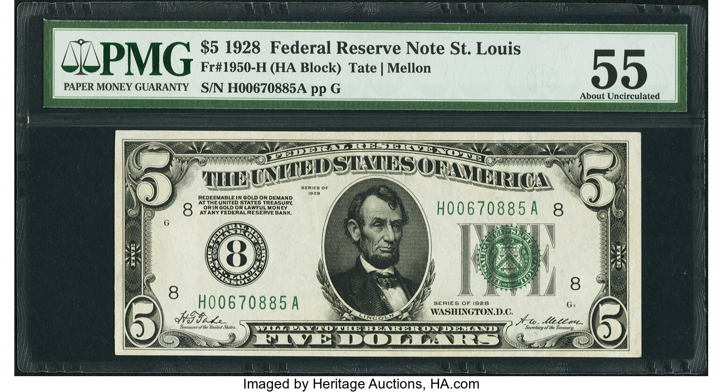 Fr. 1950-H $5 1928 Federal Reserve Note. PMG About Uncirculated 55. ...