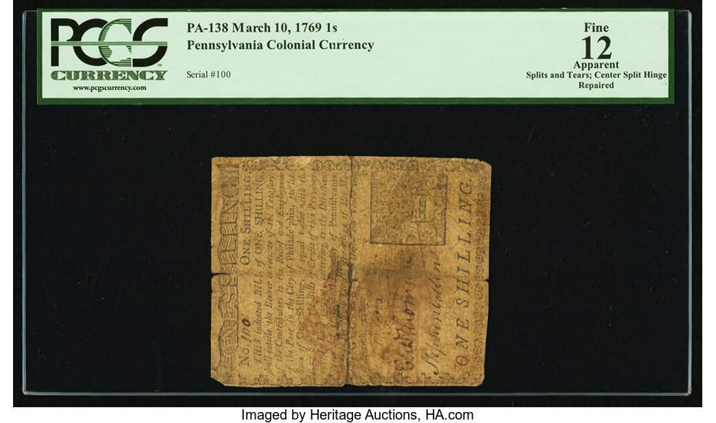 image for: Pennsylvania March 10, 1769 1s PCGS Apparent Fine 12....