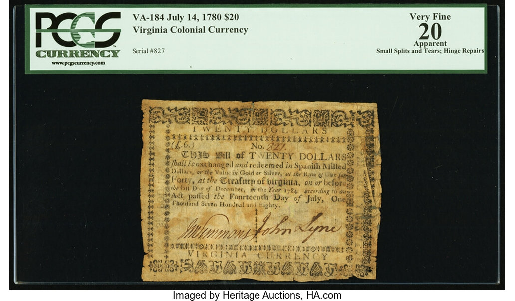 image for: Virginia July 14, 1780 $20 PCGS Apparent Very Fine 20....