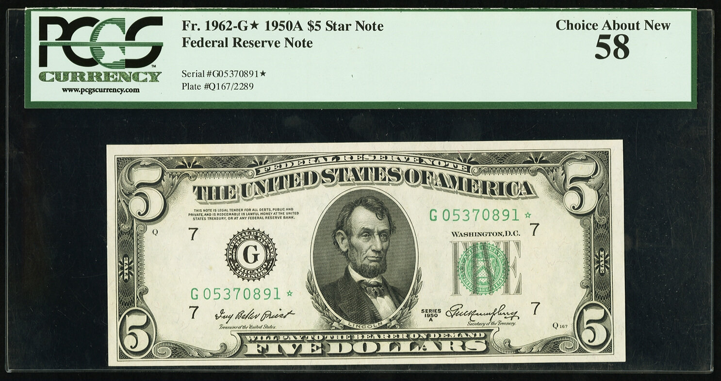 image for: Fr. 1962-G* $5 1950A Federal Reserve Star Note. PCGS Choice About New 58....