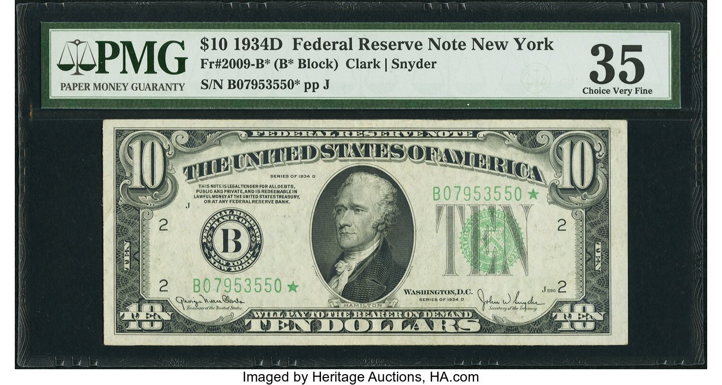 image for: Fr. 2009-B* $10 1934D Federal Reserve Star Note. PMG Choice Very Fine 35....