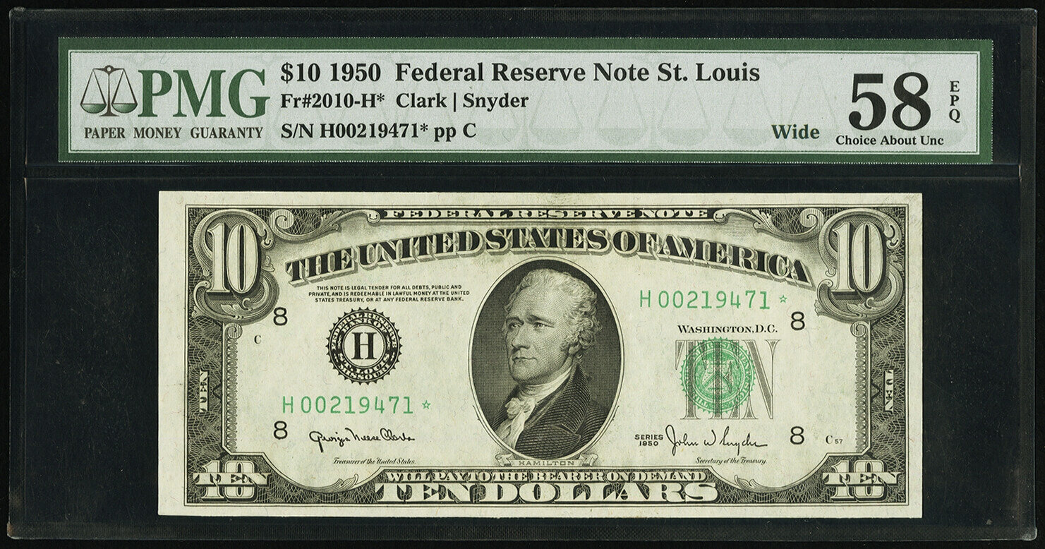 image for: Fr. 2010-H* $10 1950 Wide Federal Reserve Star Note. PMG Choice About Unc 58 EPQ....