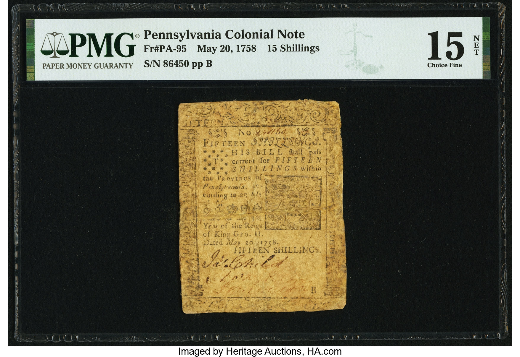 image for: Pennsylvania May 20, 1758 15s PMG Choice Fine 15 Net....