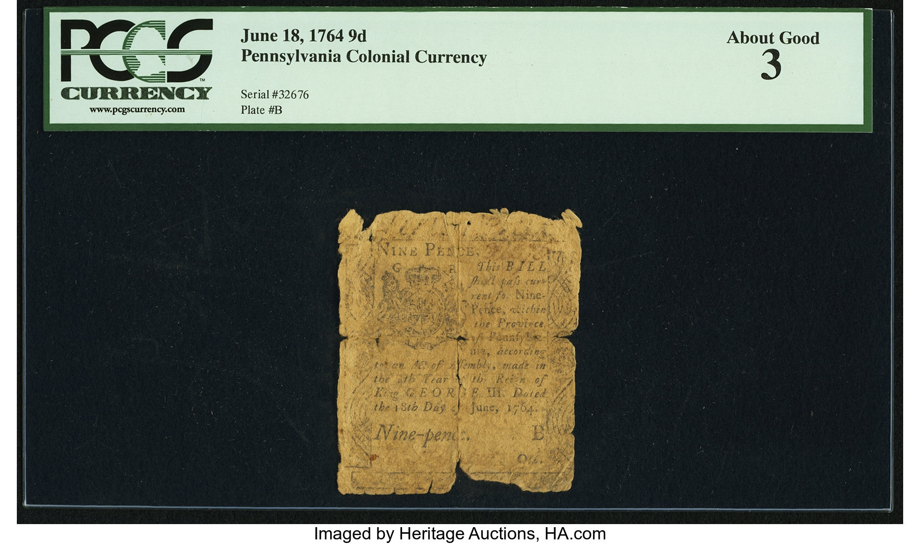 image for: Pennsylvania June 18, 1764 9d PCGS About Good 3....