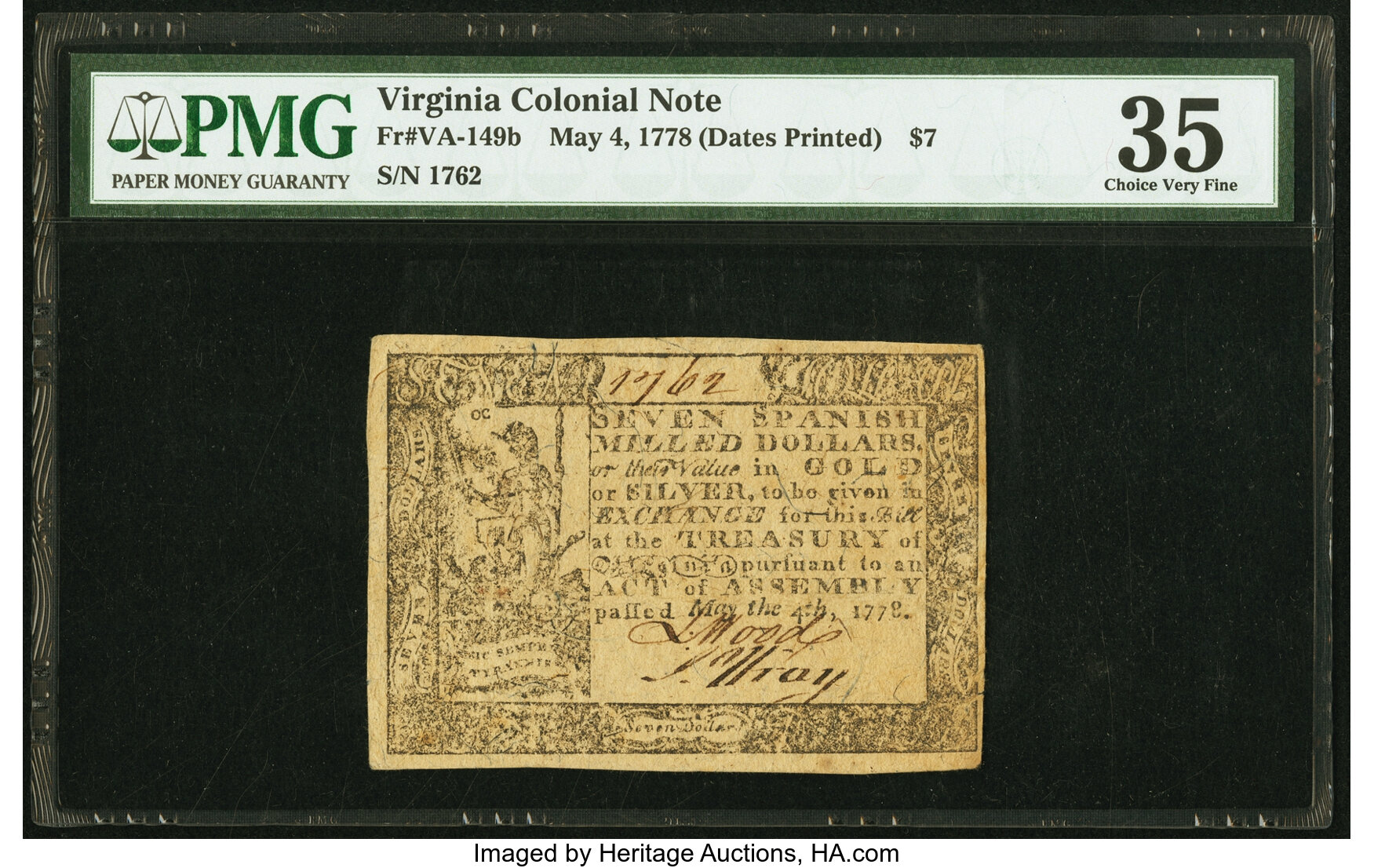 image for: Virginia May 4, 1778 (Dates Printed) $7 PMG Choice Very Fine 35....