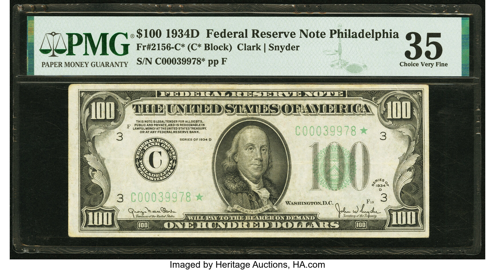 image for: Fr. 2156-C* $100 1934D Federal Reserve Note. PMG Choice Very Fine 35....