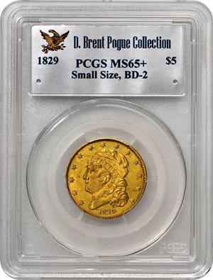 image for: 1829 Capped Head Left Half Eagle. Reduced Diameter. Bass Dannreuther-2. Rarity-7. Mint State-65+ (PCGS).
