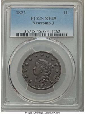 image for: 1822 1C Newcomb 3, XF45 PCGS. PCGS Population (1/3). NGC Census: (0/6). Mintage: 2,072,339....