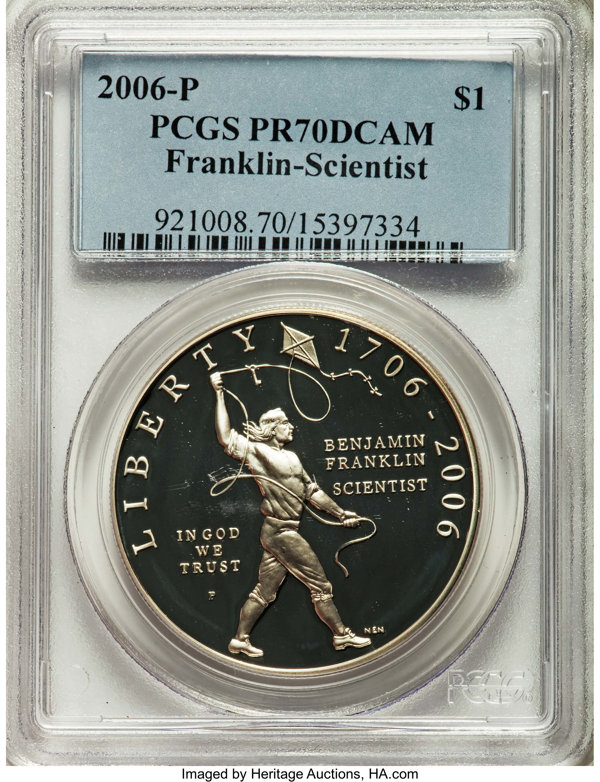 2006-P $1 Franklin-Scientist Silver Dollar PR70 Deep Cameo PCGS. PCGS Population (395). NGC Census: (4074). Numismedia Wsl...