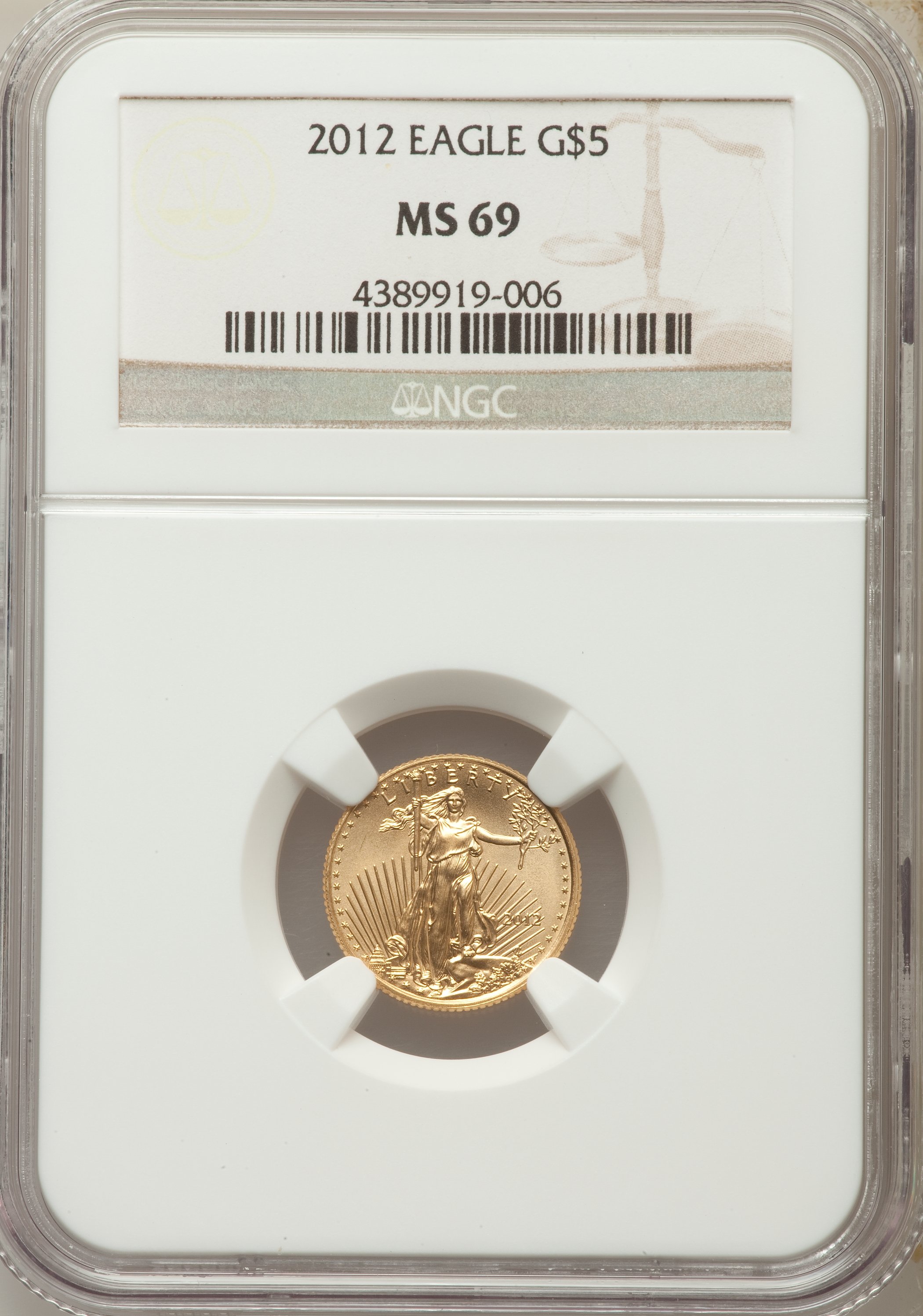 image for: 2012 $5 Tenth Ounce Gold Eagle MS69 NGC. NGC Census: (302/749). PCGS Population (95/5).  Numismedia Wsl. Price for problem ...