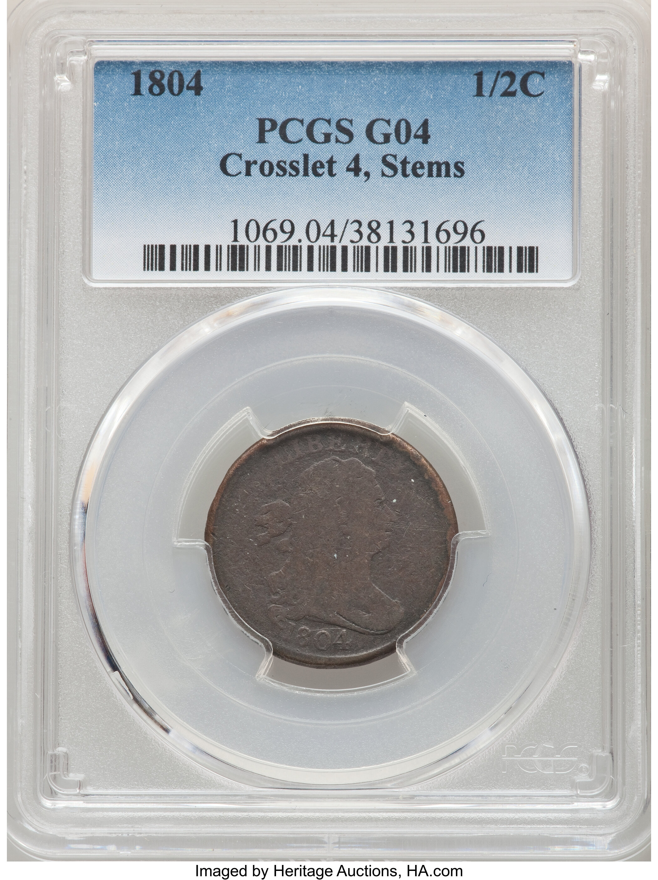 1804 1/2 C Crosslet 4 Stems Good 4 PCGS. PCGS Population: (6/617). NGC Census: (0/0). CDN: $75 Whsle. Bid for NGC/PCGS Good...