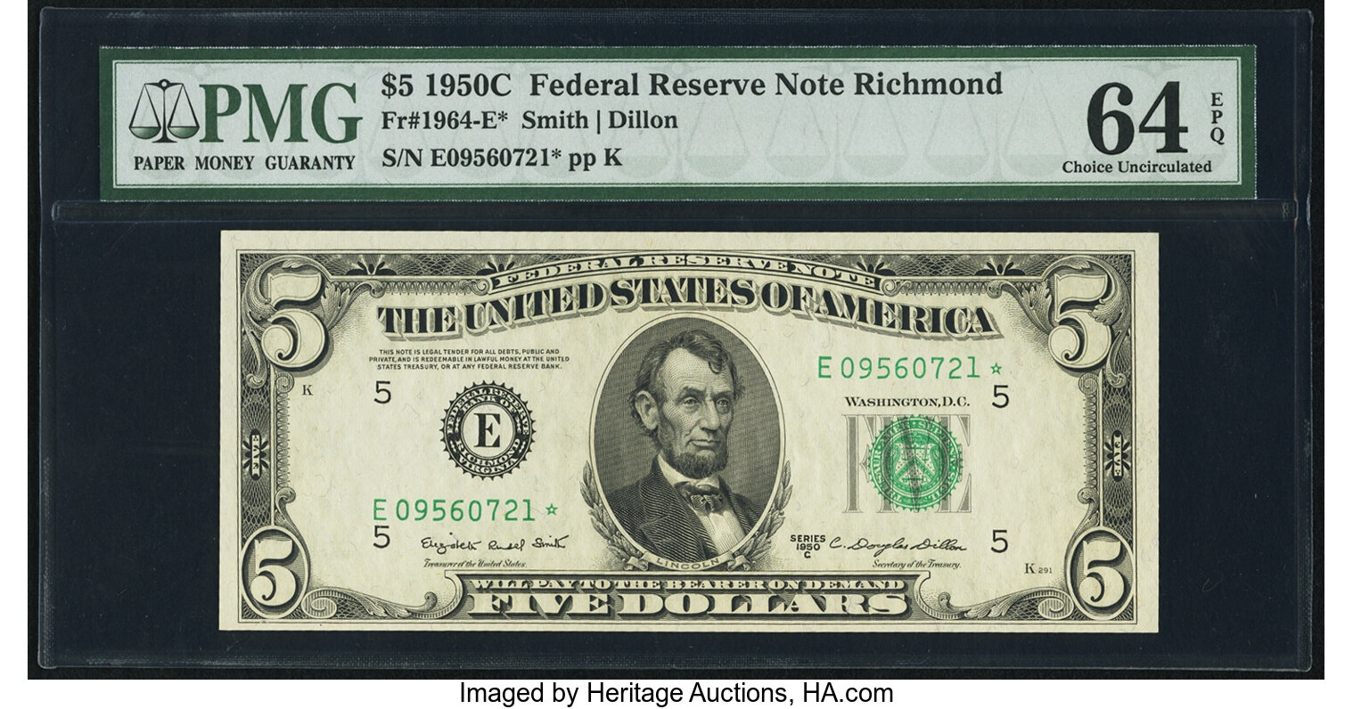 image for: Fr. 1964-E* $5 1950C Federal Reserve Star Note. PMG Choice Uncirculated 64 EPQ....