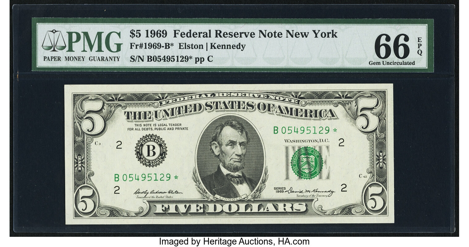 image for: Fr. 1969-B* $5 1969 Federal Reserve Star Note. PMG Gem Uncirculated 66 EPQ....