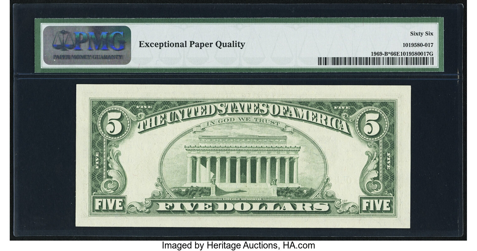 image for: Fr. 1969-B* $5 1969 Federal Reserve Star Note. PMG Gem Uncirculated 66 EPQ....
