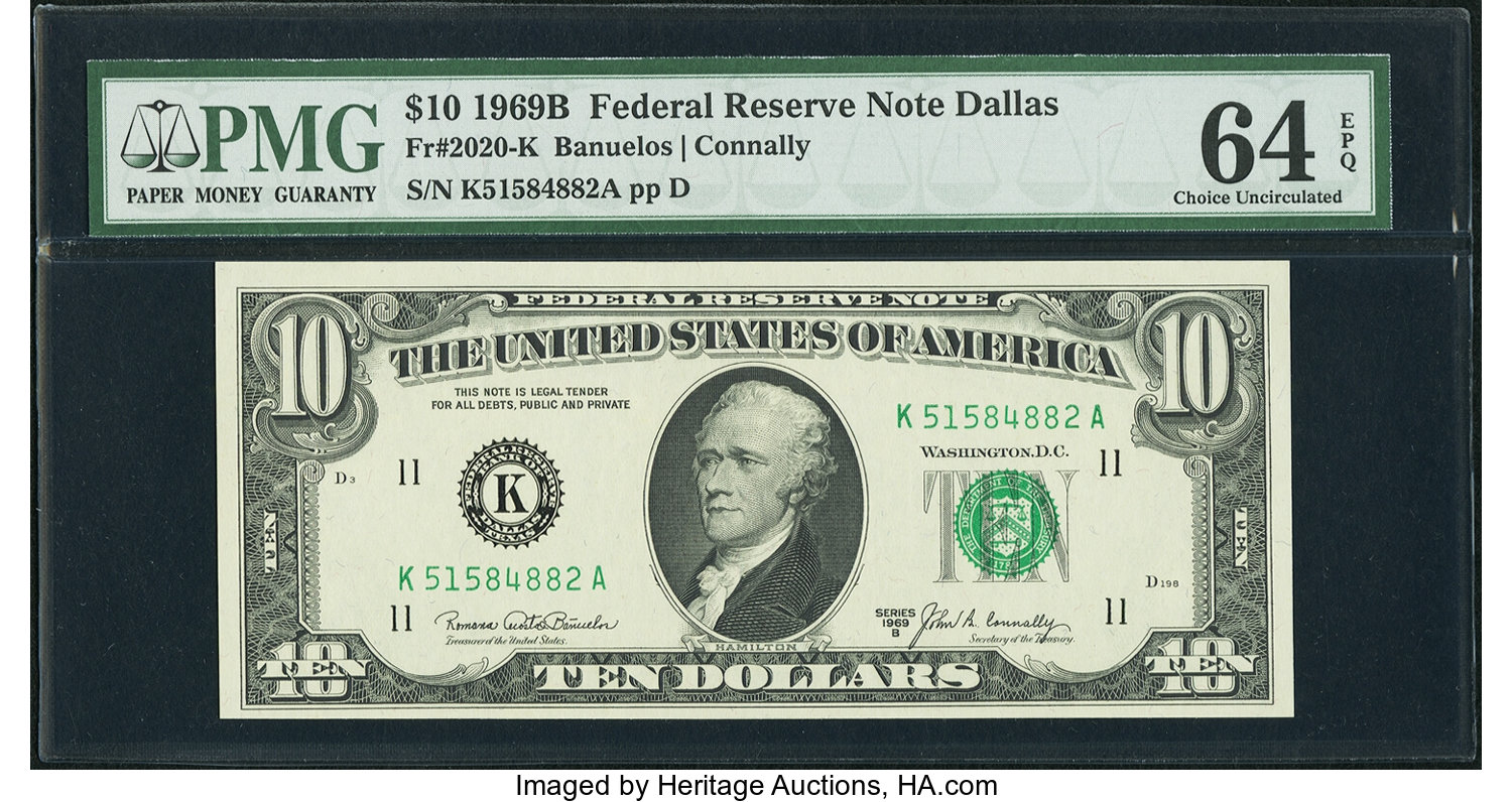 image for: Fr. 2020-K $10 1969B Federal Reserve Note. PMG Choice Uncirculated 64 EPQ....