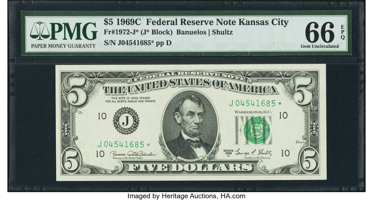 image for: Fr. 1972-J* $5 1969C Federal Reserve Star Note. PMG Gem Uncirculated 66 EPQ....