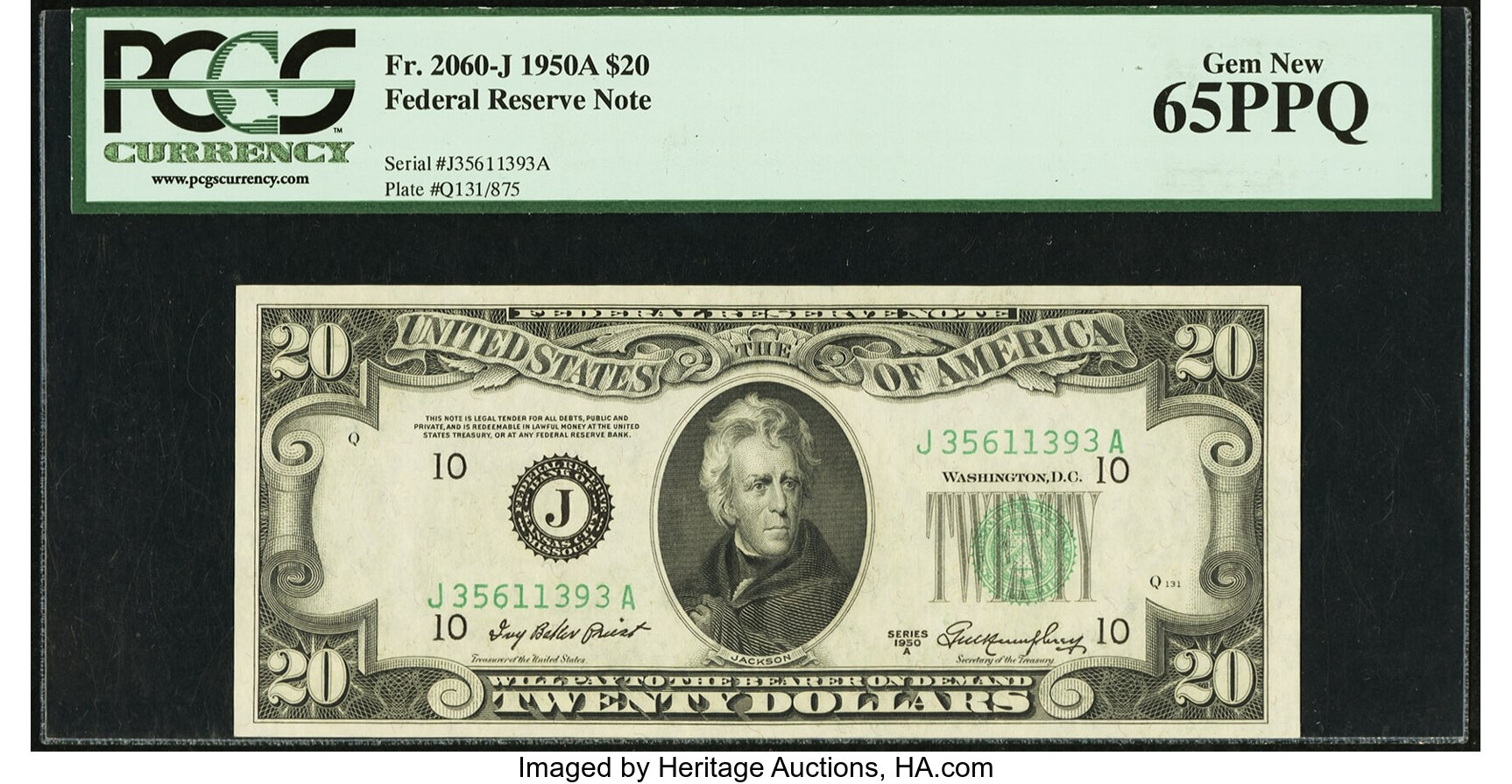 image for: Fr. 2060-J $20 1950A Federal Reserve Note. PCGS Gem New 65PPQ....