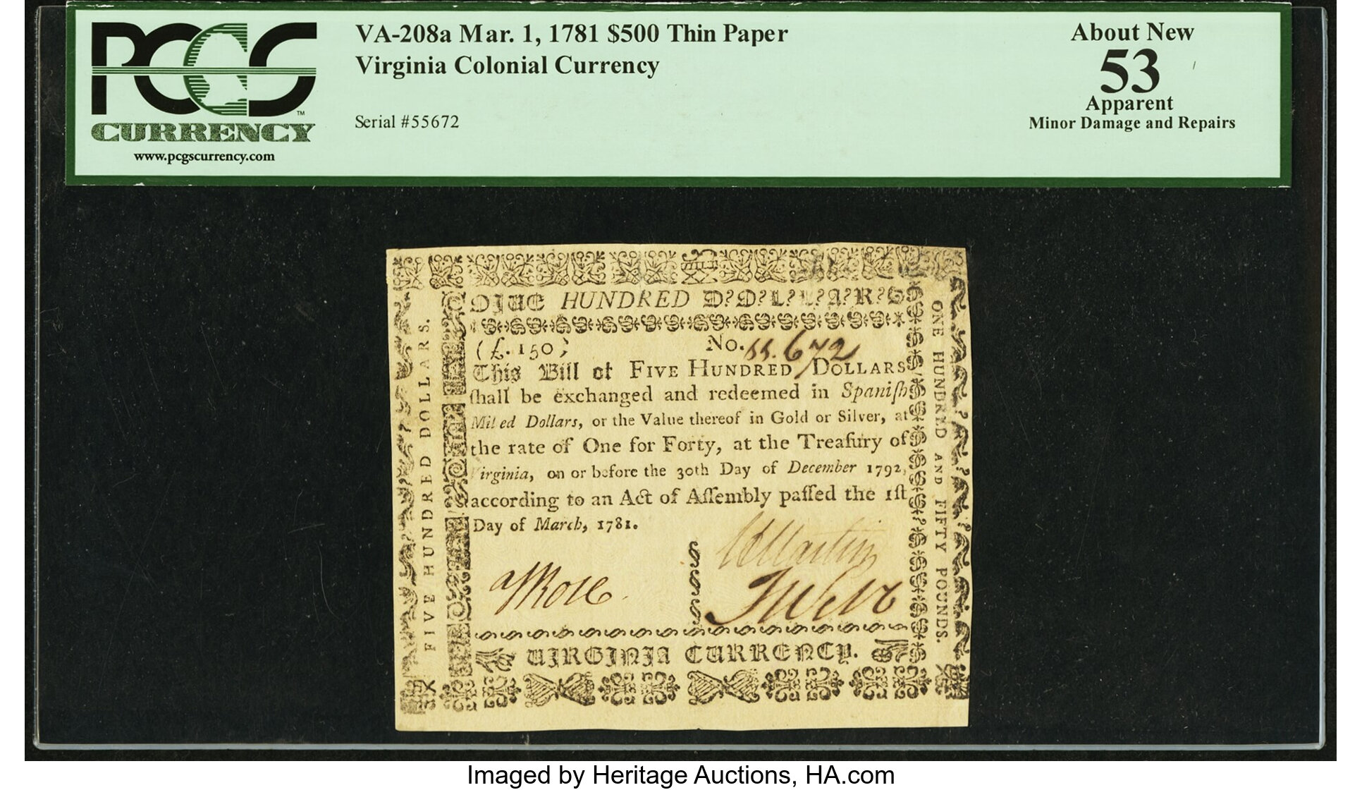 image for: Virginia March 1, 1781 $500 printed on thick laid paper PCGS Apparent About New 53....