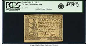 image for: Virginia May 5, 1777 $5 Fr. VA-117. PCGS Extremely Fine 45PPQ....