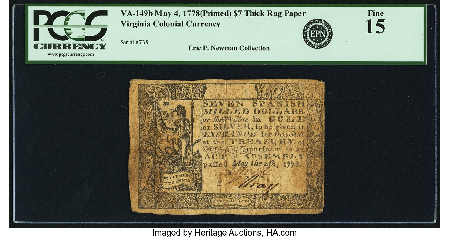 image for: Virginia May 4, 1778 Printed Date $7 Thick Paper Fr. VA-149b. PCGS Fine 15....