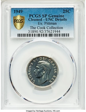 image for: George VI Specimen 25 Cents 1949 UNC Details (Cleaned) PCGS
