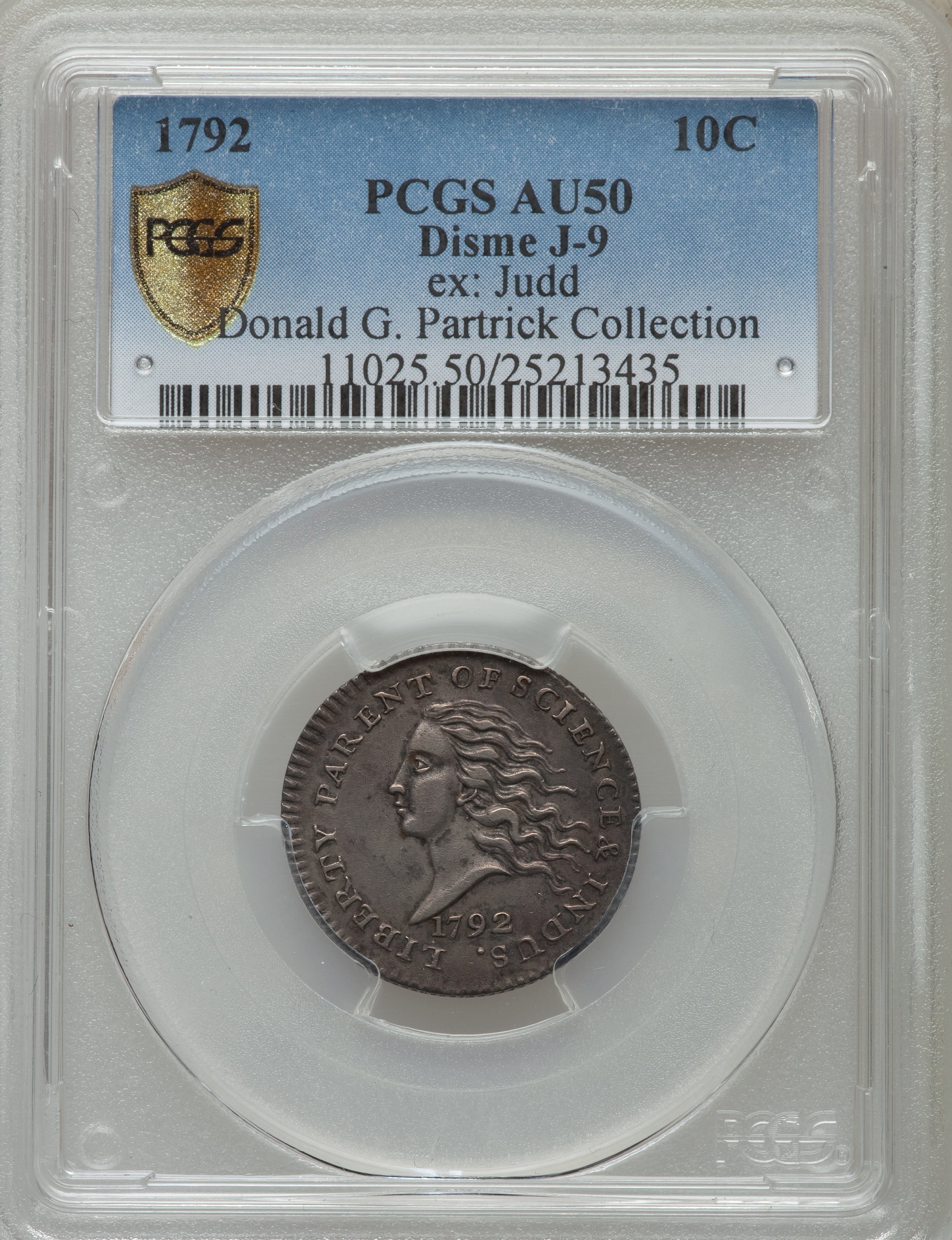 image for: 1792 P10C Disme, Judd-9, Pollock-10, R.8, AU50 PCGS Secure....