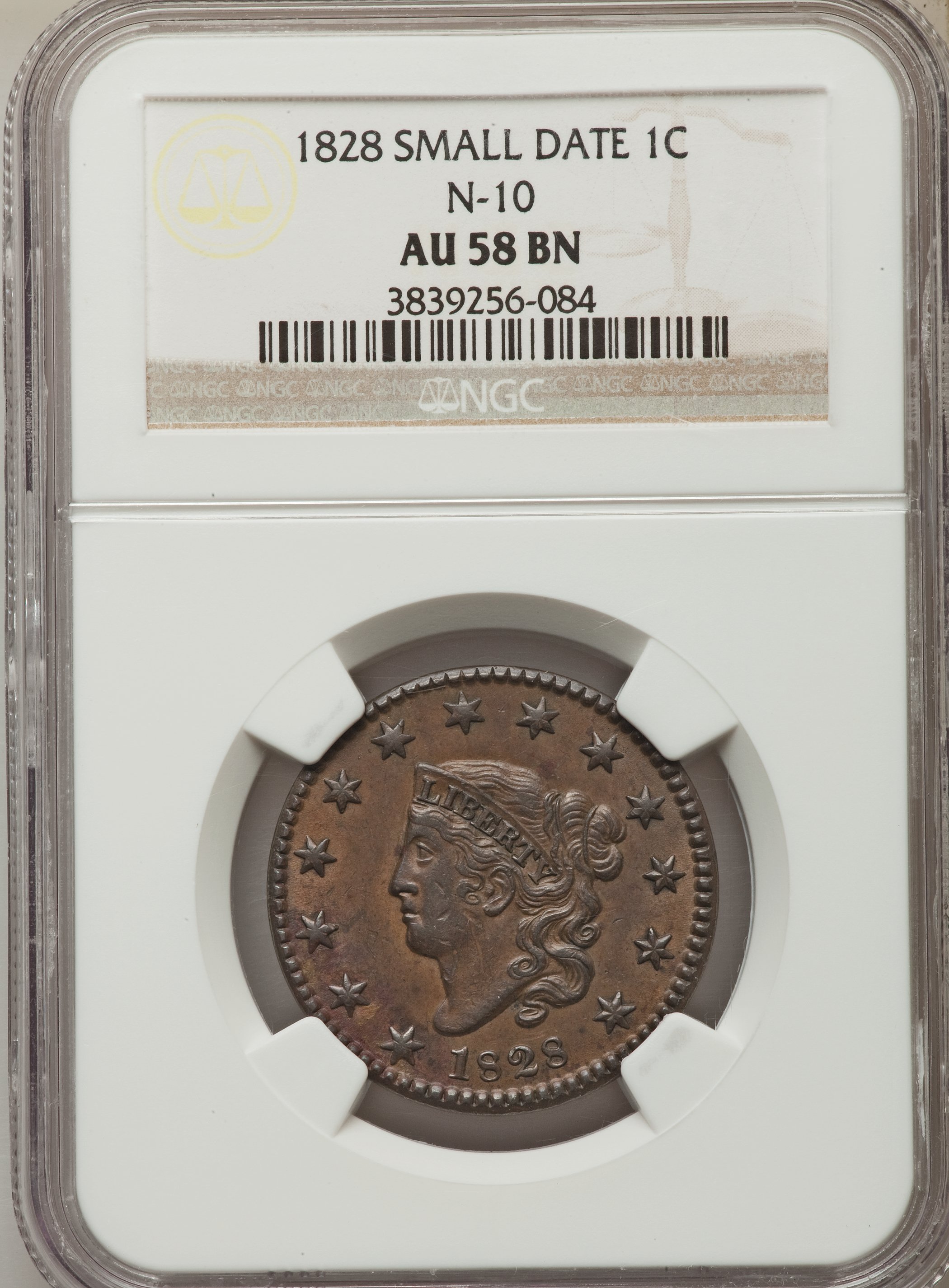 image for: 1828 1C Small Wide Date, N-10, R.1, AU58 Brown NGC. NGC Census: (0/0). PCGS Population (0/3)....