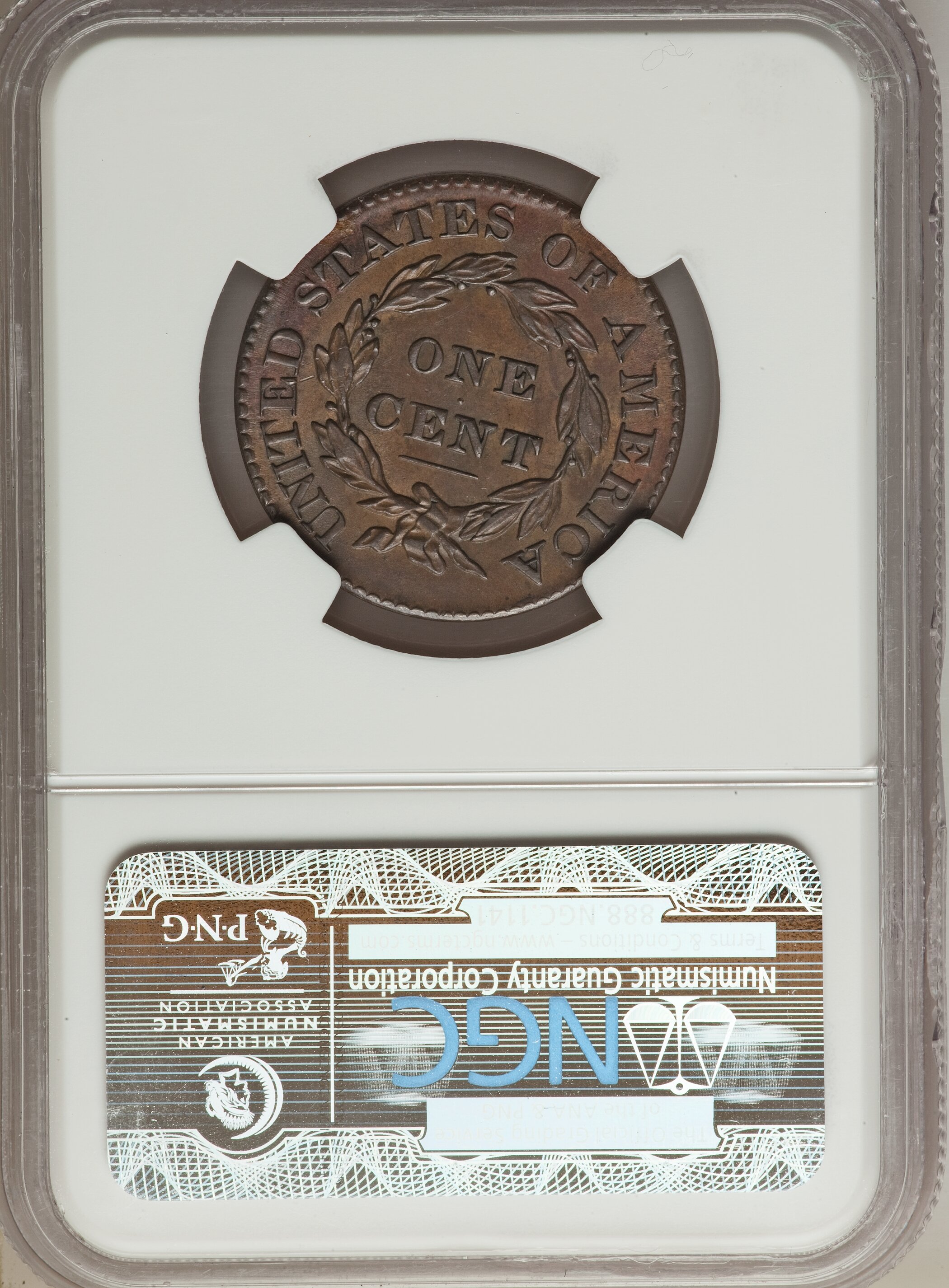 image for: 1828 1C Small Wide Date, N-10, R.1, AU58 Brown NGC. NGC Census: (0/0). PCGS Population (0/3)....