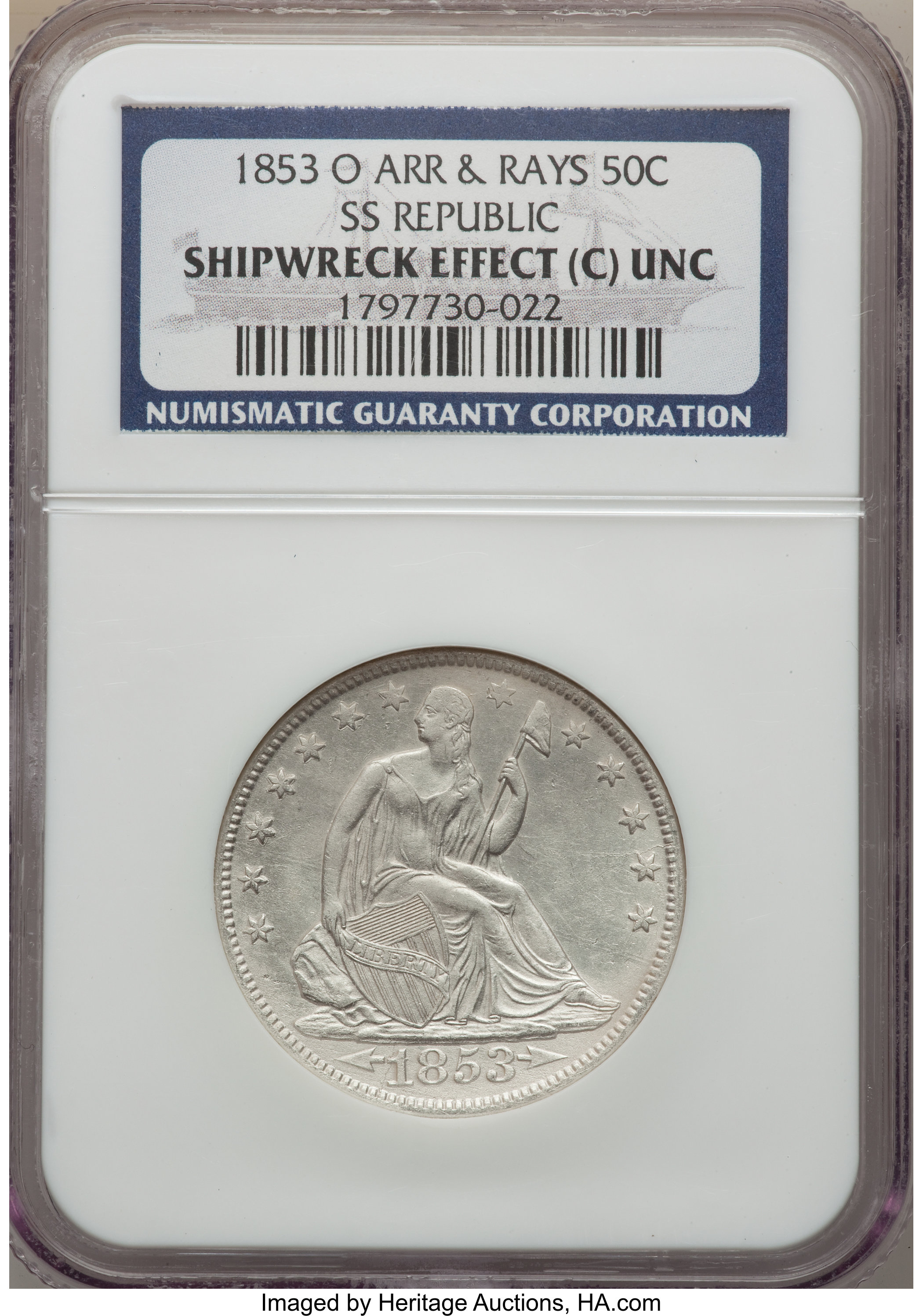 1853-O 50C SS Republic Shipwreck Effect (C) Arrows and Rays NGC. Unc. ...
