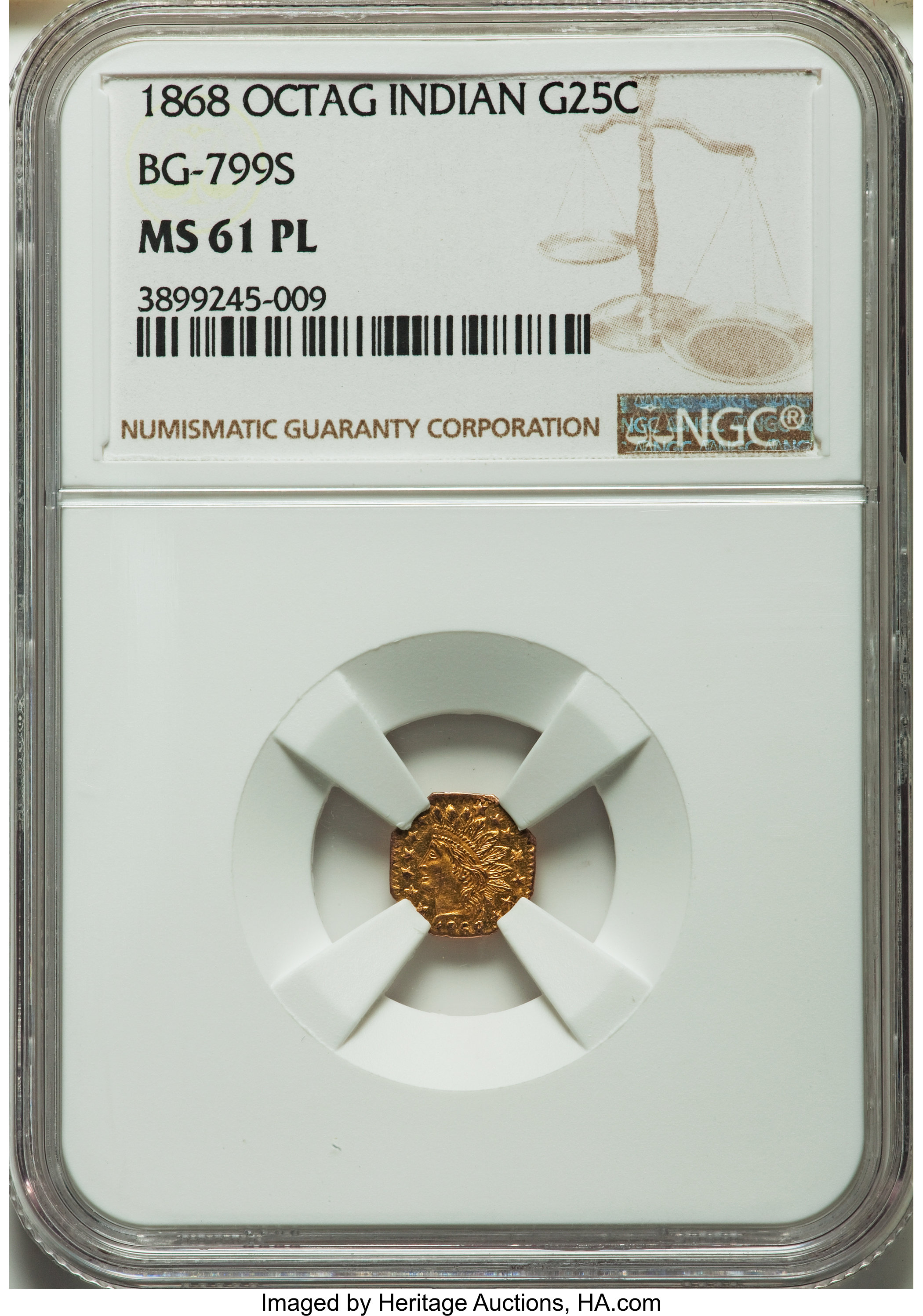 image for: 1868 25C Indian Octagonal 25 Cents, BG-799S, Low R.8, MS61 Prooflike NGC. NGC Census: (0/0). PCGS Population (0/5)....
