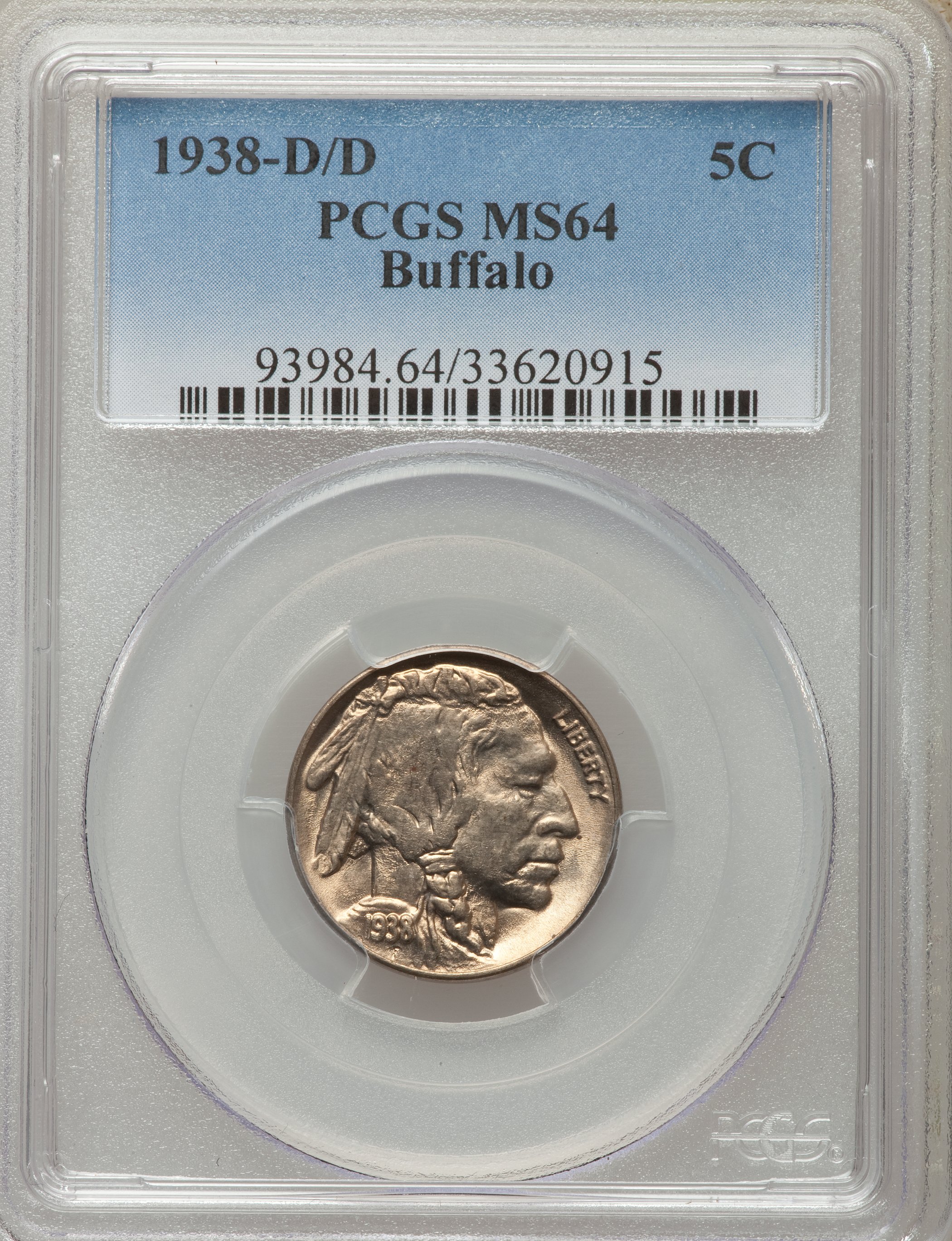 1938-D/D 5C MS64 PCGS. PCGS Population (183/2857). NGC Census: (8/117). Mintage: 7,020,000. ...