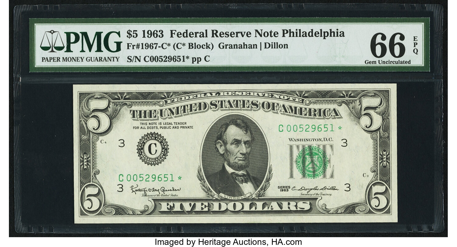 image for: Fr. 1967-C* $5 1963 Federal Reserve Star Note. PMG Gem Uncirculated 66 EPQ....