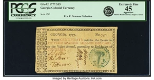 image for: Georgia 1777 No Resolution Date $15 Millstone on Palm Tree Fr. GA-92. PCGS Extremely Fine 45 Apparent....