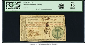 image for: Georgia 1777 No Resolution Date $15 Millstone on Palm Tree Fr. GA-92. PCGS Fine 15 Apparent....