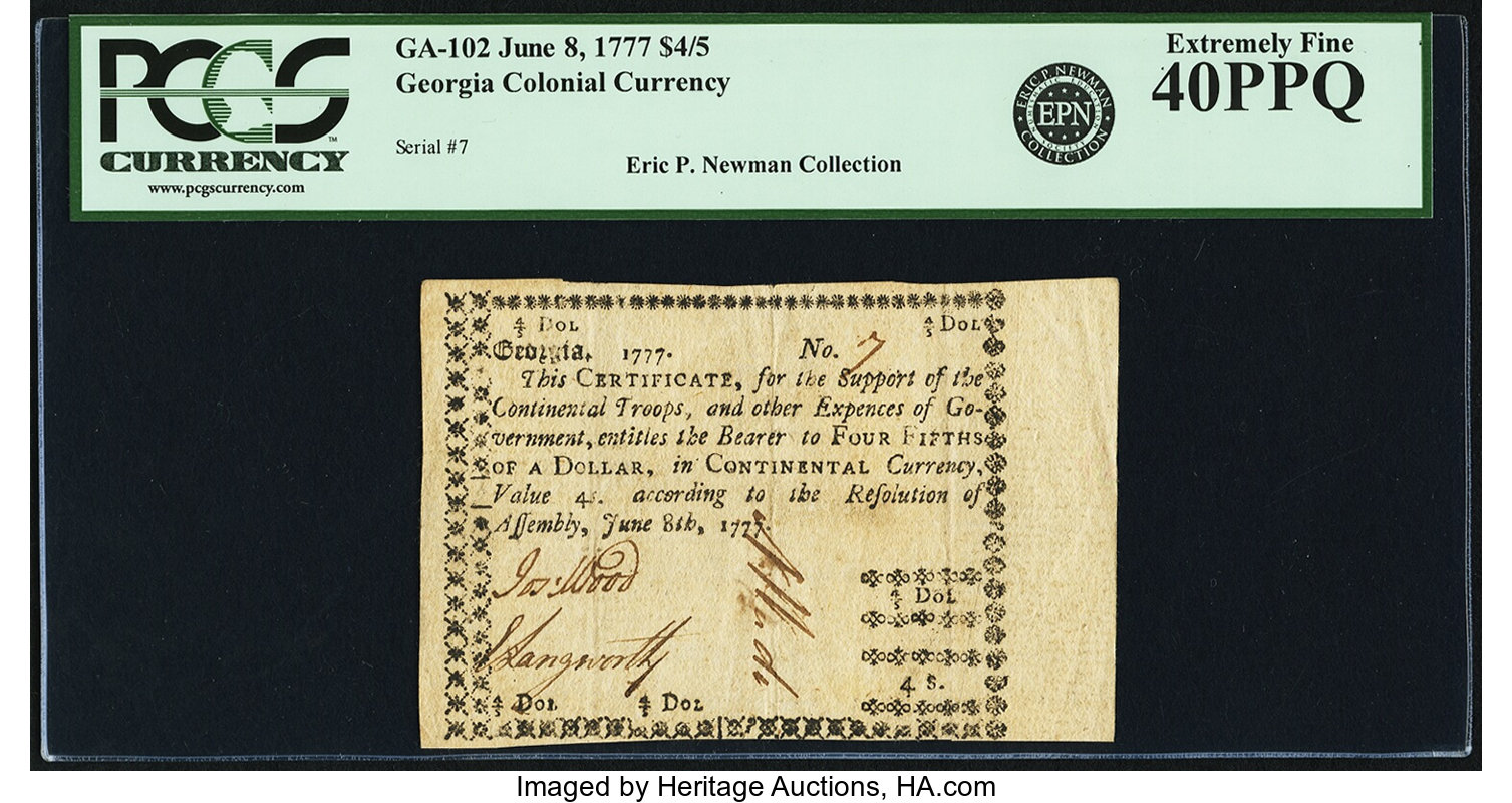 image for: Georgia June 8, 1777 $4/5 Fr. GA-102. PCGS Extremely Fine 40PPQ....