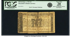 image for: Maryland January 1, 1767 $1 Fr. MD-44. PCGS Very Fine 20 Apparent....
