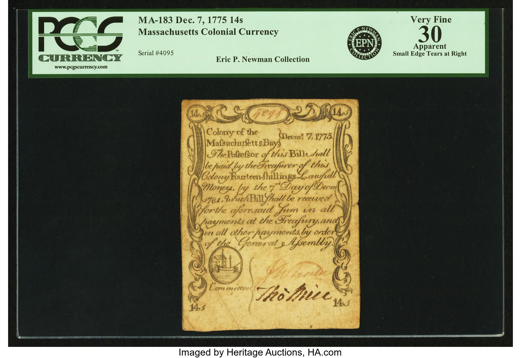 image for: Massachusetts Bay December 17, 1775 14 Shillings Fr. MA-183. PCGS Very Fine 30 Apparent....