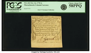 image for: Massachusetts October 16, 1778 2 Shillings Fr. MA-262. PCGS Choice About New 58PPQ....