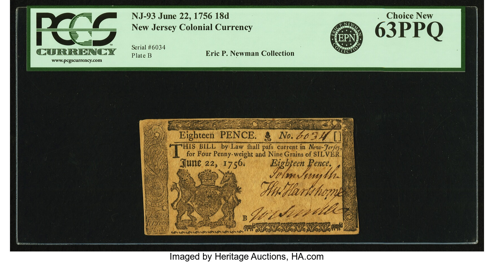 image for: New Jersey June 22, 1756 18 Pence Fr. NJ-93. PCGS Choice New 63PPQ....