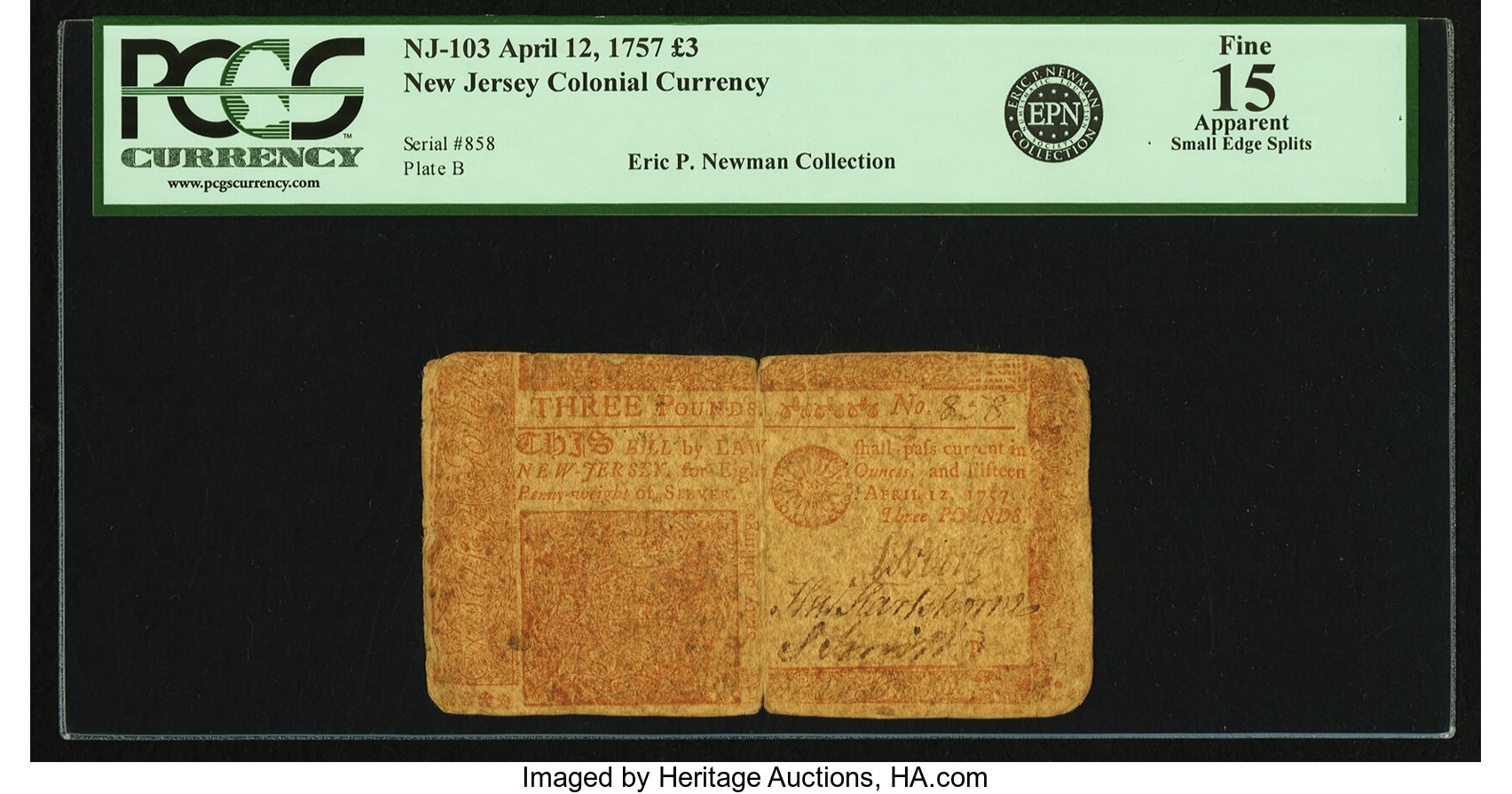 image for: New Jersey April 12, 1757 3 Pounds Fr. NJ-103. PCGS Fine 15 Apparent....