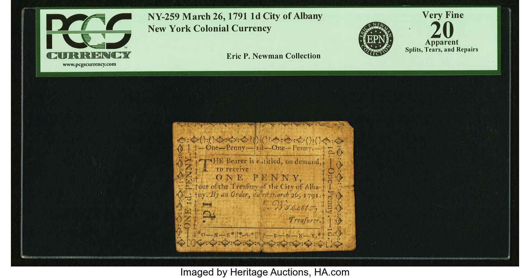 image for: (Albany, New York) - Treasury of the City of Albany March 26, 1791 1 Penny Newman page 298, Fr. NY-259, Harris H12. PCGS Very ...