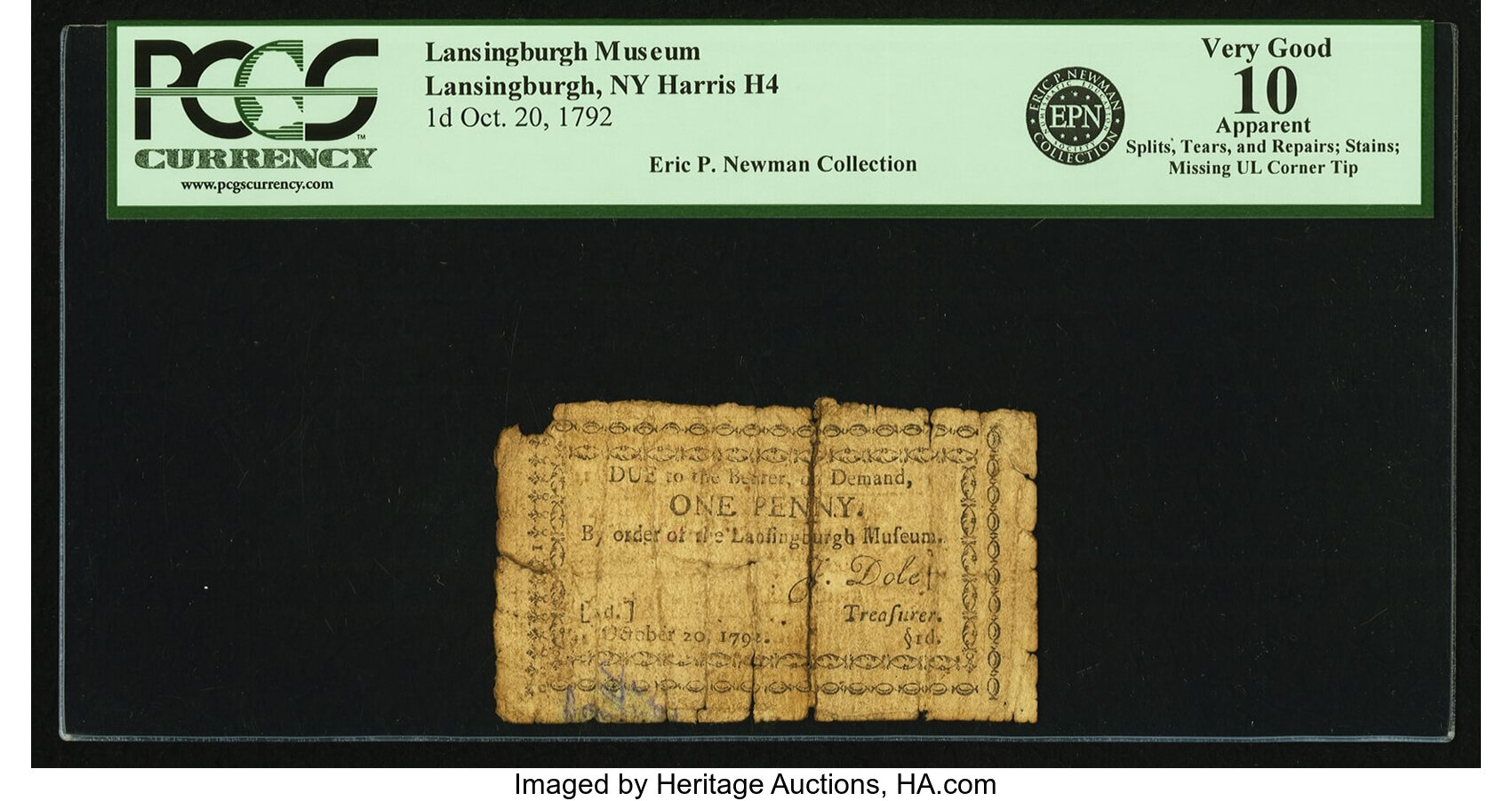 image for: (Lansingburgh, New York) - J. Dole, Treasurer of the Lansingburgh Museum October 20, 1792 1 Penny Newman page 304, Harris H4. ...