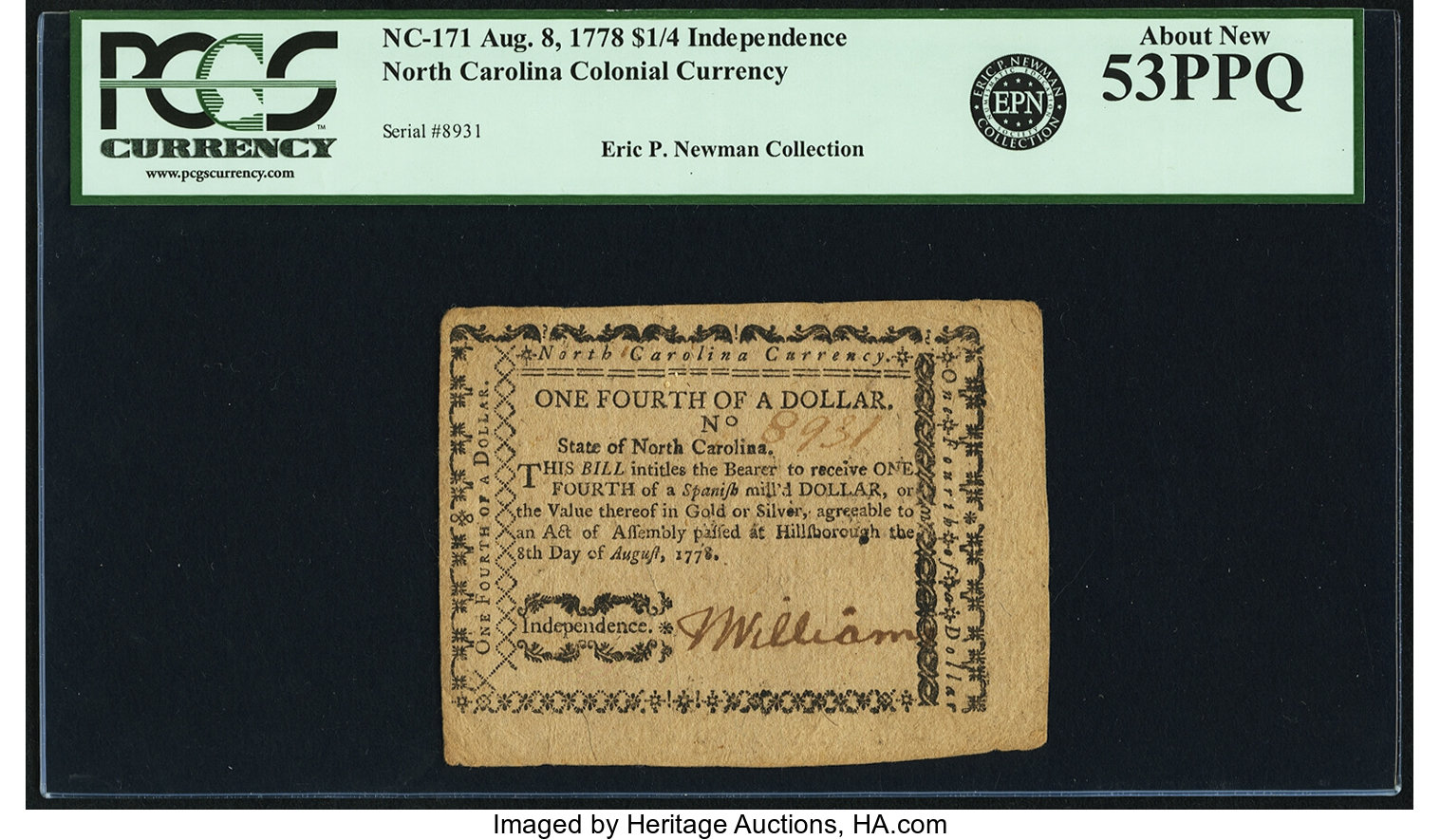 image for: North Carolina August 8, 1778 $1/4 Independence Fr. NC-171. PCGS About New 53PPQ....