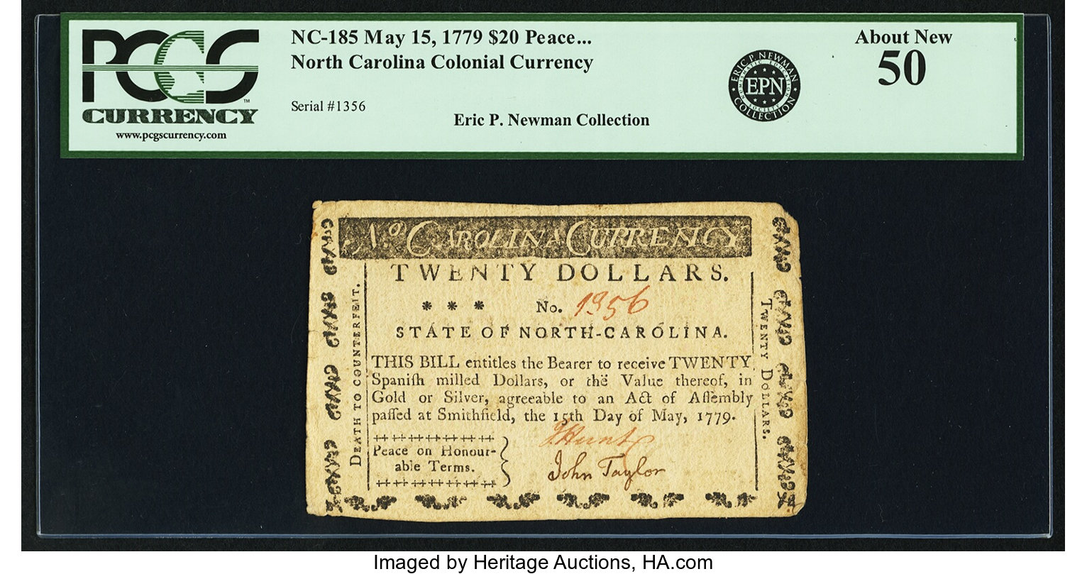 image for: North Carolina May 15, 1779 $20 Peace... Fr. NC-185. PCGS About New 50....