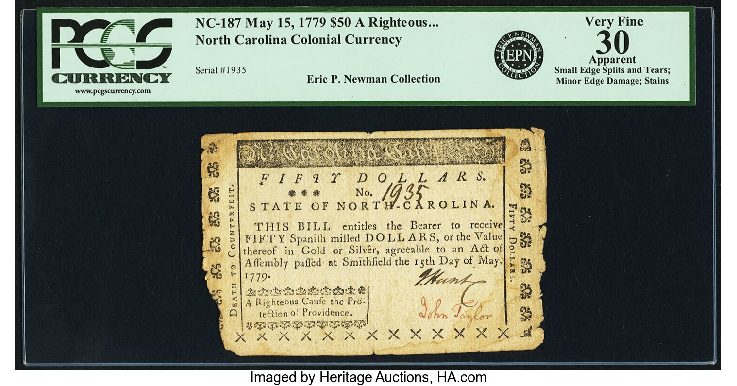image for: North Carolina May 15, 1779 $50 A Righteous... Fr. NC-187. PCGS Very Fine 30 Apparent....