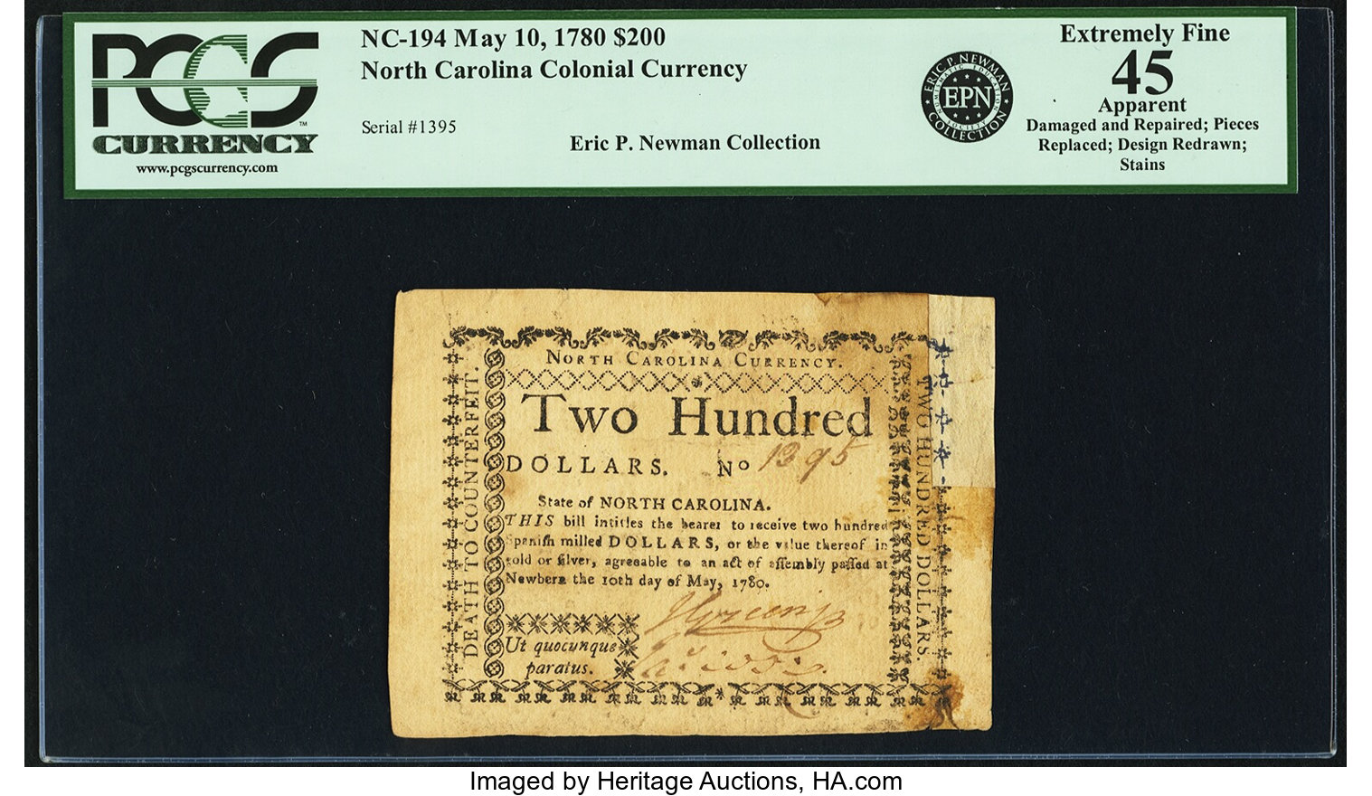 image for: North Carolina May 10, 1780 $200 Fr. NC-194. PCGS Extremely Fine 45 Apparent....