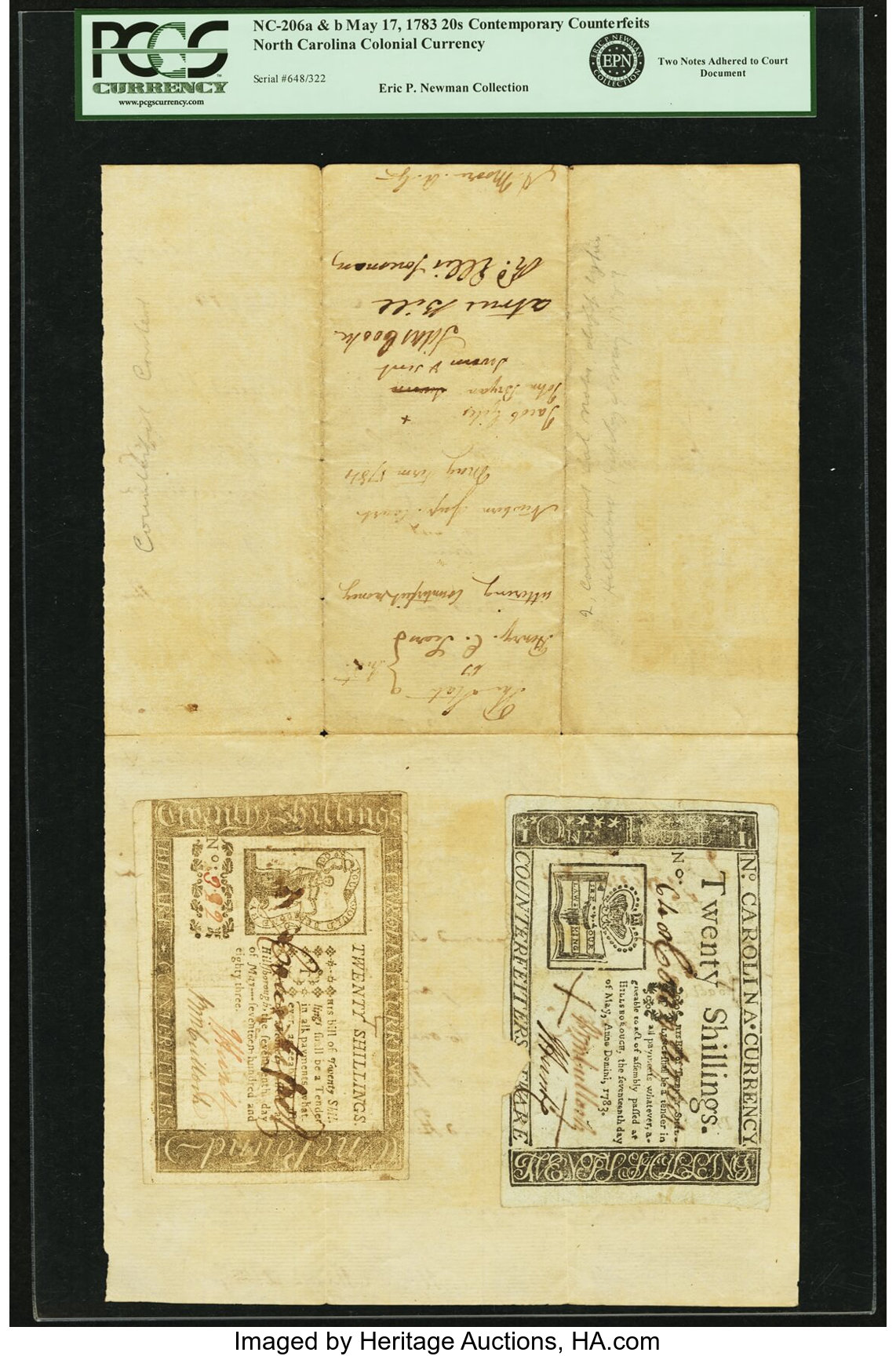 image for: North Carolina May 17, 1783 20 Shillings Contemporary Counterfeit Type Pair mounted to Court Document Fr. NC-206a and NC-206b....