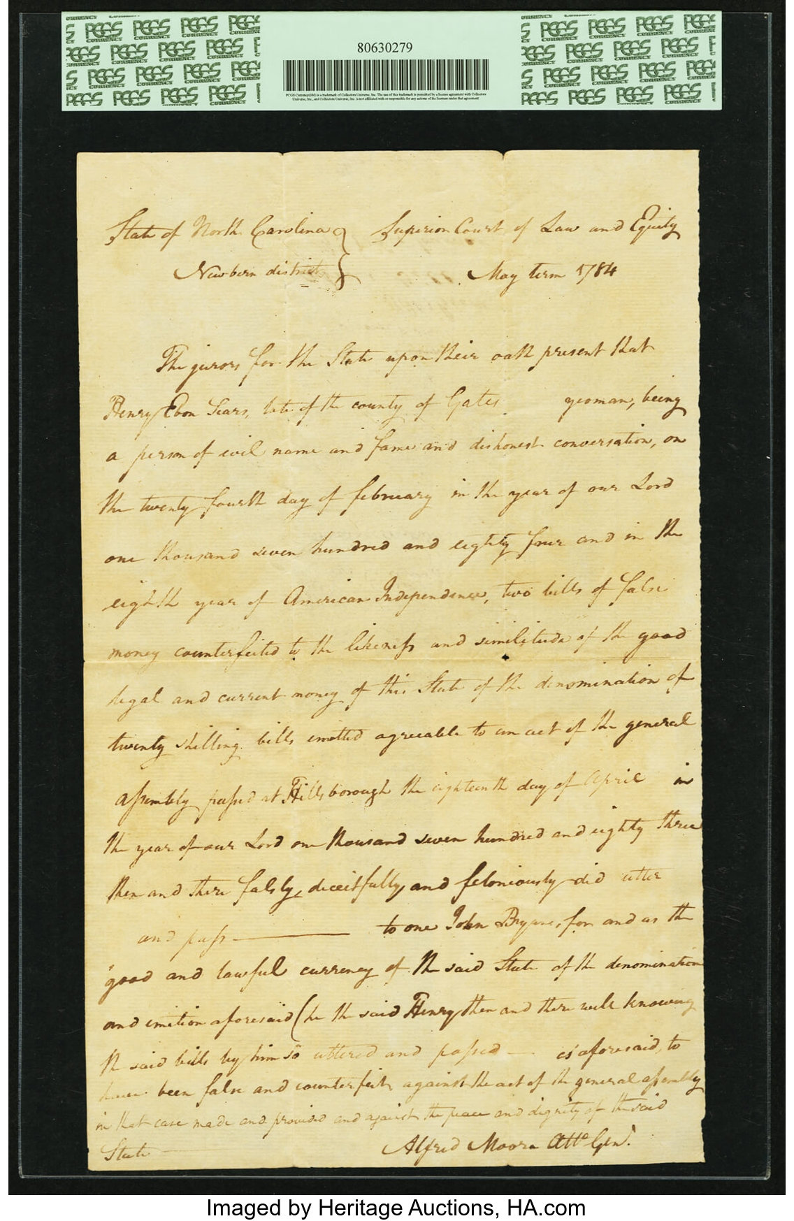 image for: North Carolina May 17, 1783 20 Shillings Contemporary Counterfeit Type Pair mounted to Court Document Fr. NC-206a and NC-206b....