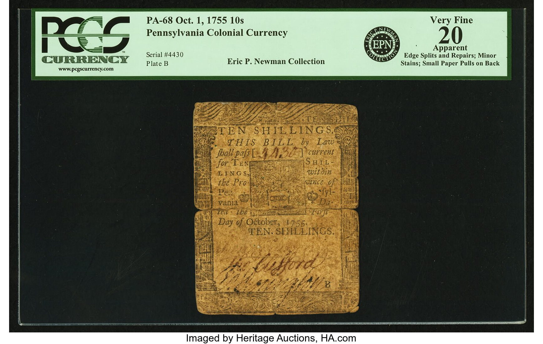 image for: Pennsylvania October 1, 1755 10 Shillings Fr. PA-68. PCGS Very Fine 20 Apparent....