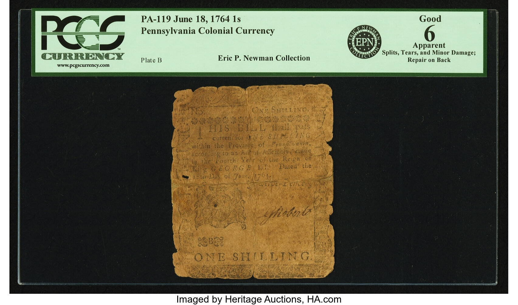 image for: Pennsylvania June 18, 1764 1 Shilling Fr. PA-119. PCGS Good 6 Apparent....